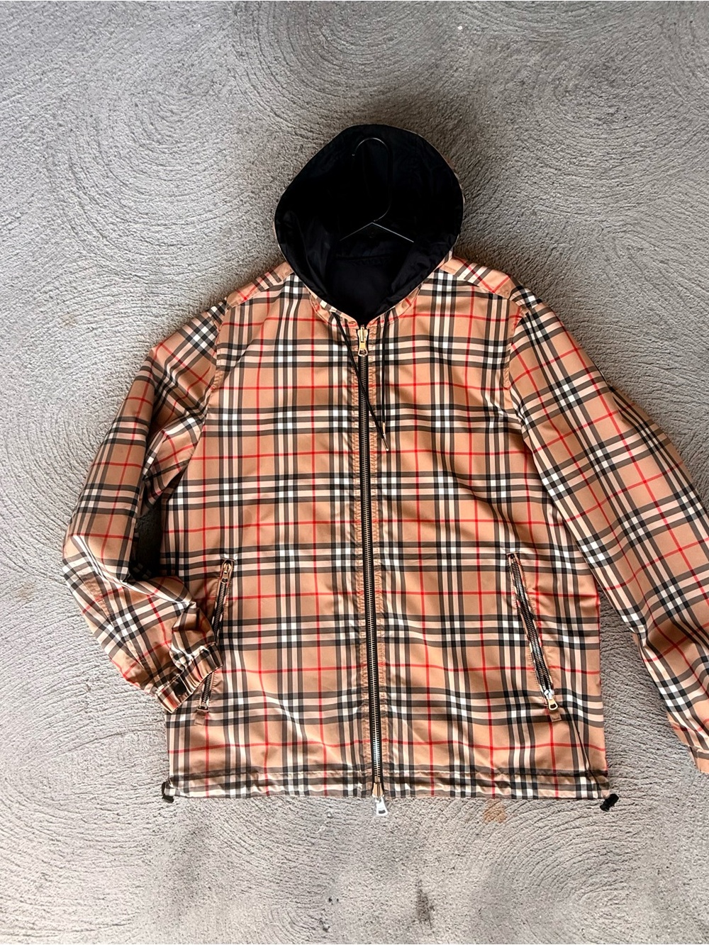 Burberry Beige Nova Check Hooded Lightweight Jacket with Black Hood